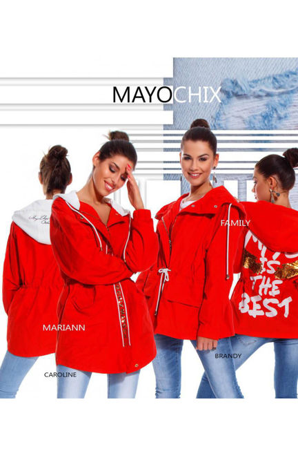 Kép: Mayo Chix Piros Fehér Gombolópántján Feliratos Derékban Karcsúsítható Kapucnis Mariann Dzseki / Kabát