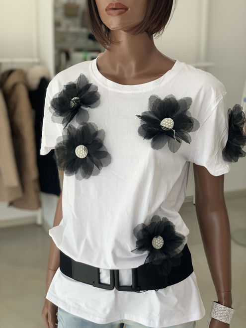 Kép: Fehér Fekete Muszlin Virágos Kerek Nyakú Rövid Ujjú Lezser Póló