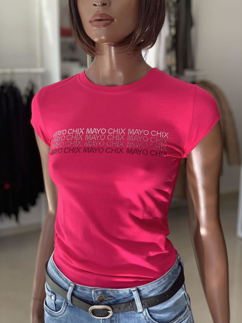 Kép: Mayo Chix Pink Strasszos Feliratos Kerek Nyakú Rövid Ujjú Light Póló / Felső