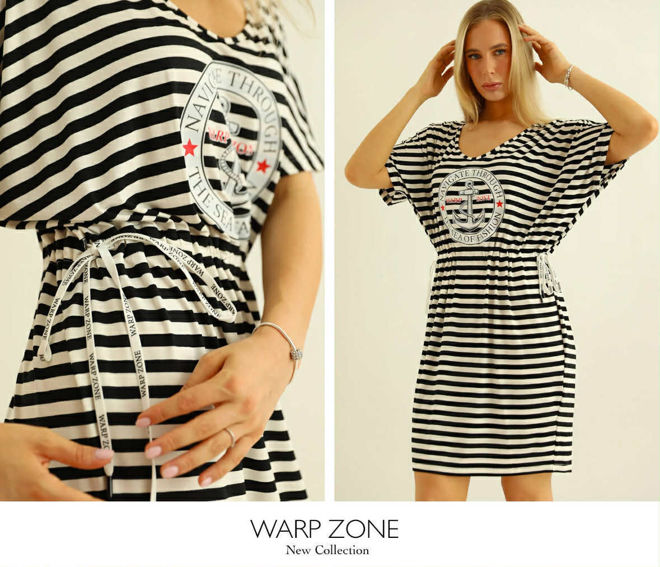 Kép: Warp Zone Fehér Fekete Csíkos Oldalt Húzott Ruha