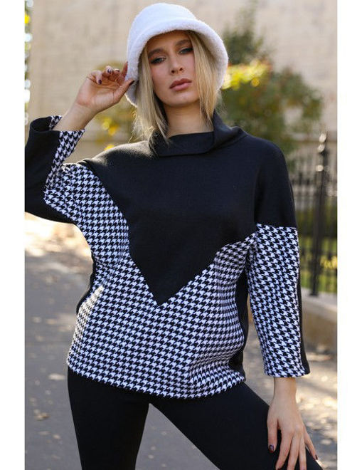 Kép: Warp Zone Fekete Fehér Tyúkláb Mintás Pulóver