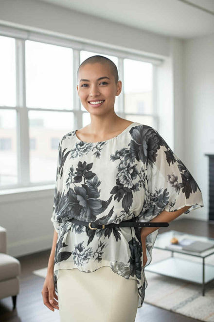 Kép: Fehér Fekete Virágmintás Lenge Muszlin Felső