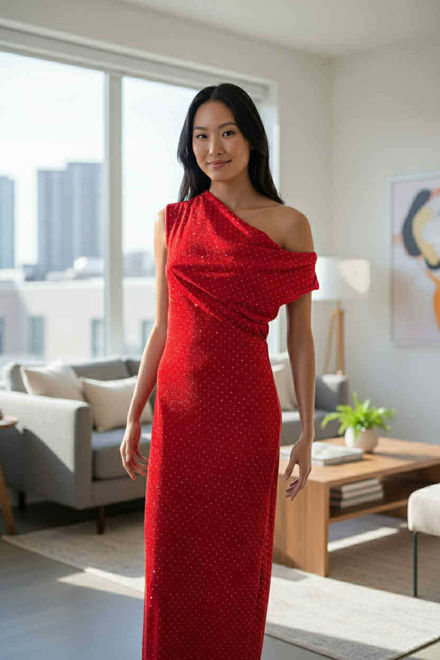 Kép: Piros Ezüst Strasszköves Kámzsás Hosszú Ruha