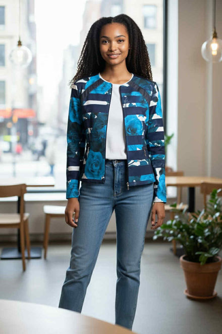 Kép: Extyn Kék Alapon Mintás Fekete Műbőr betétes Blézer