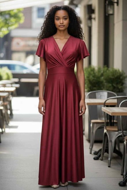 Kép: Bordó Fodros Vállú Szatén Hosszú Ruha
