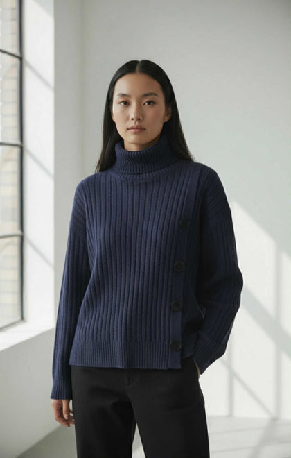 Kép: Sötétkék Színű Elasztikus Kötött Gombos Felső