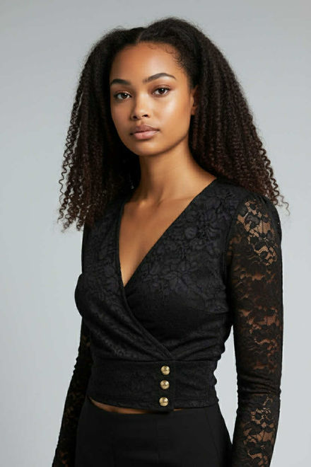 Kép: Fekete Csipkés Mintás Átlapolt Felső