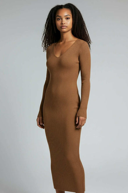Kép: Barna Kötött Hosszú V Kivágású Ruha