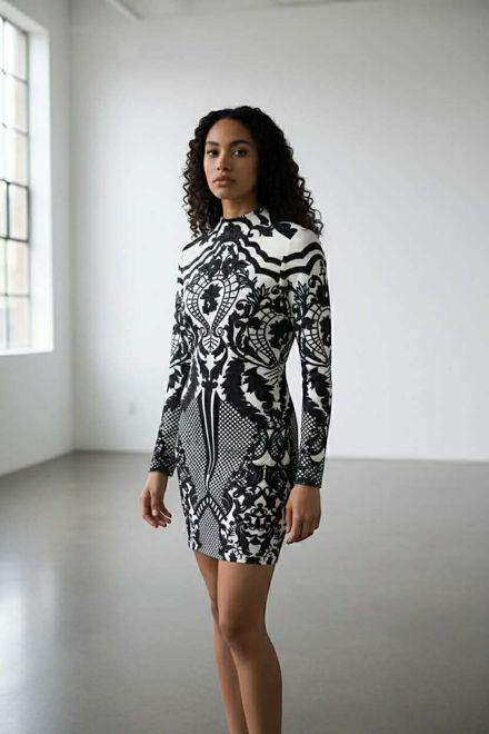 Kép: Fekete Fehér Mintás Köves Ruha